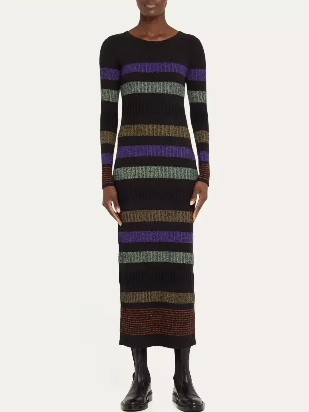 stretch midi dressesKnit Multicolor Striped Long-Sleeve Midi Sweater Dress