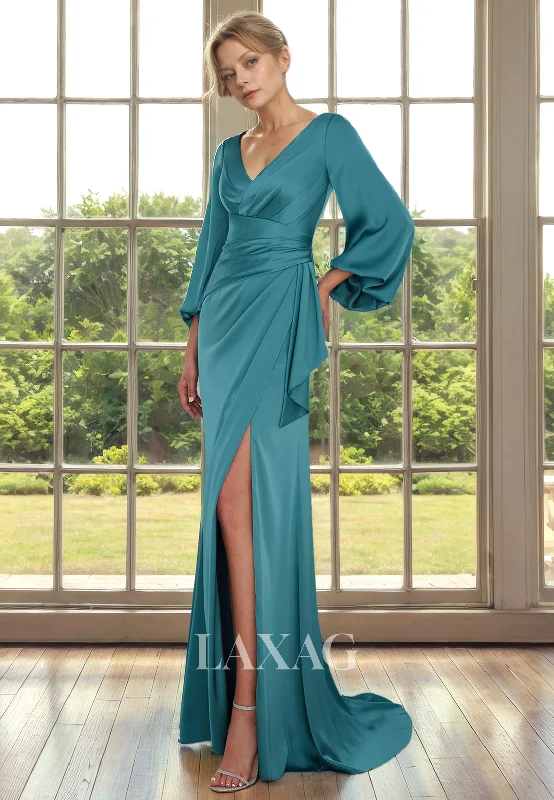 embroidered wedding dressesV-Neck Long Sleeves Sleek Satin Mother of the Bride Dress with Slit and Train