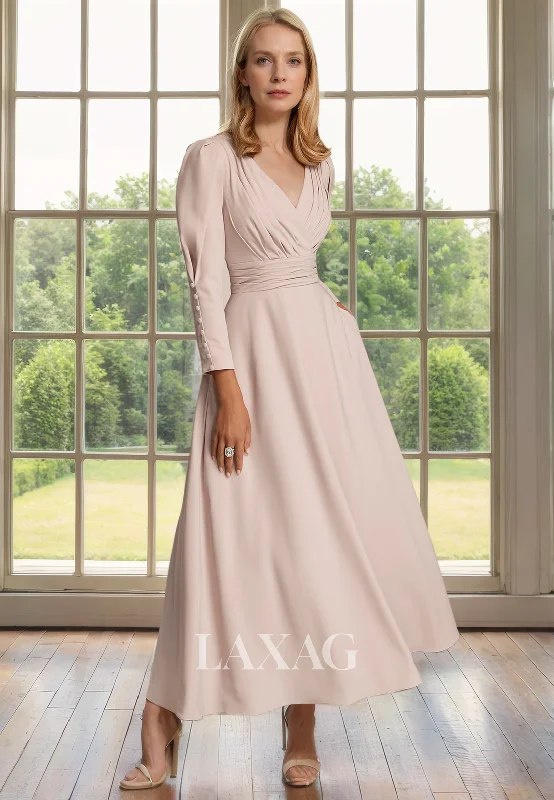 wedding dress without trainA-Line V-Neck Long Sleeves Pleated Sleek Satin Mother of the Bride Dress