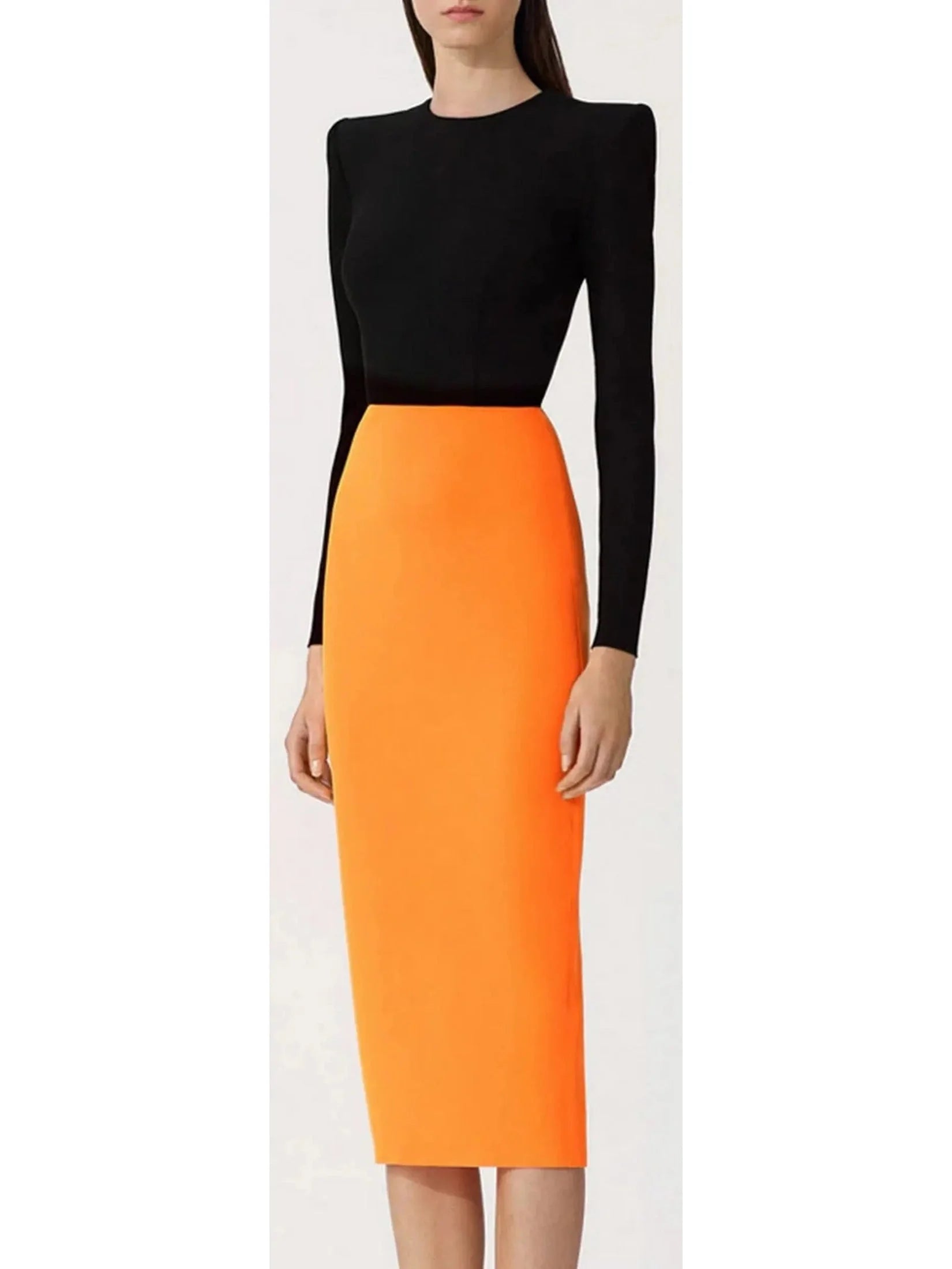 midi dresses with pockets and sleevesBlack and Orange Long-Sleeve Crepe Stretch Midi Dress