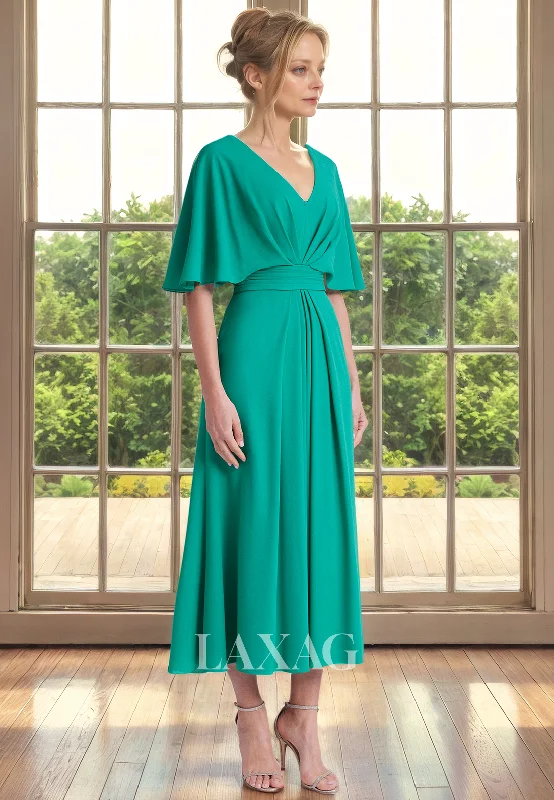 wedding dress trendsA-Line V-Neck Half Sleeves Sleek Satin Ankle-Length Mother of the Bride Dress