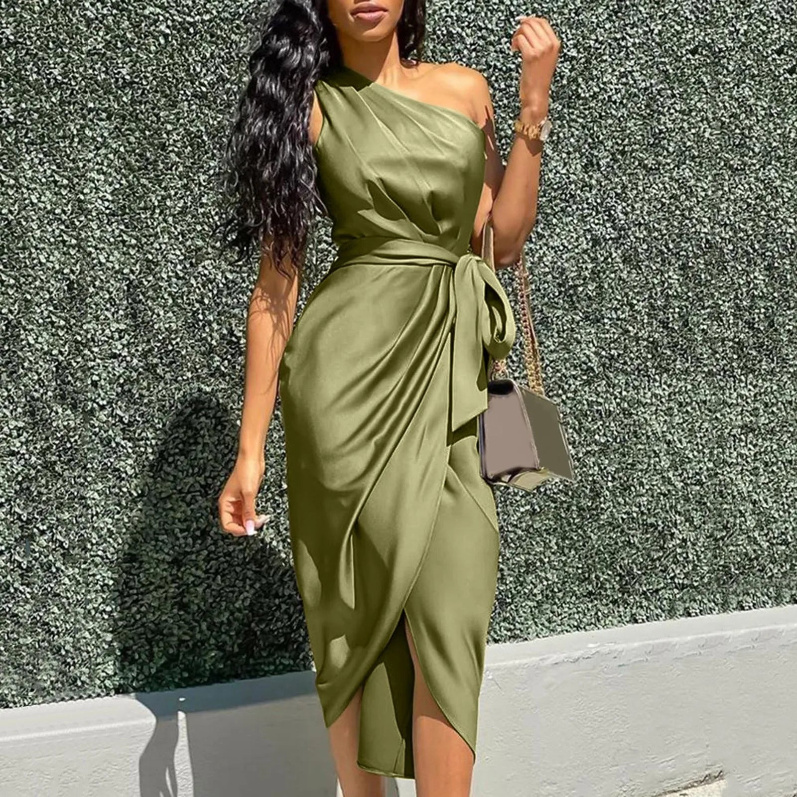 fitted midi dressesDressBetty - 2024 Sexy Green Asymmetrical One Shoulder Satin Ruched Midi Dress