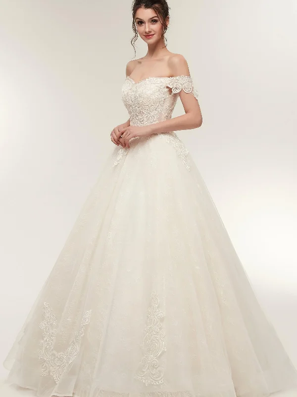 wedding dress trendsElegant Off-Shoulder Light Champagne A-line Floor Length Lace Tulle Wedding Dresses Bridal Dress AS50638