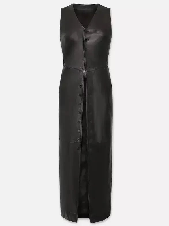 lace midi dressesBlack Leather Button-Front Midi Vest Dress