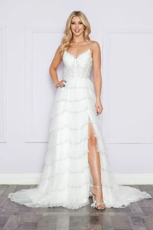 lightweight wedding dressesLA Merchandise LAY9404B Ruffled Embellished Off-White Wedding Dress