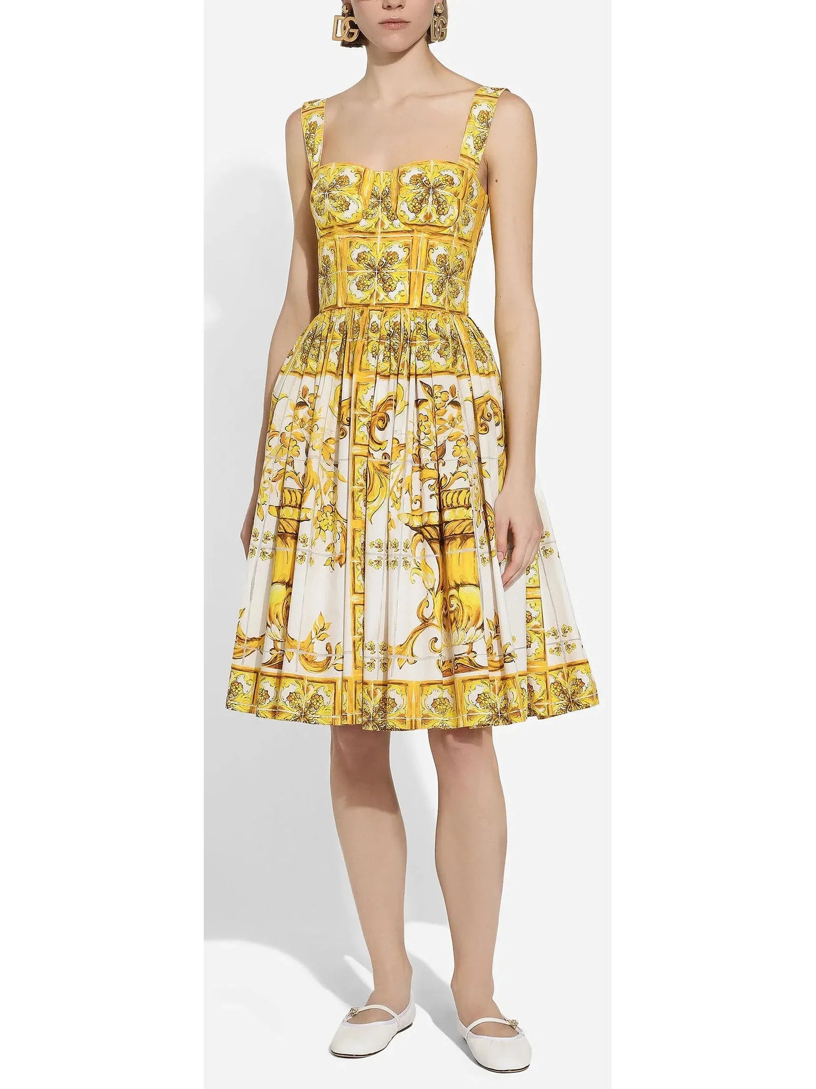 midi dresses for springMajolica Italian Print Cotton Poplin Midi Corset Dress in Yellow and White