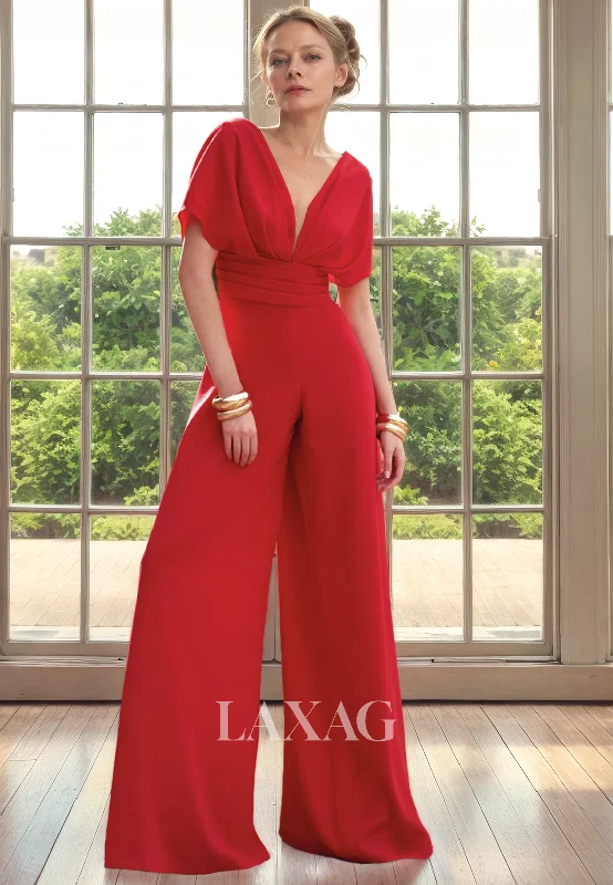 mother-of-the-bride wedding dressesV-Neck Short Sleeves PantSuit Floor-Length Mother Of the Bride Dress