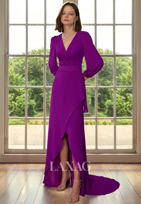 elegant wedding dressesV-Neck Long Sleeves Backless Sleek Satin Mother of the Bride Dress with Slit and Train