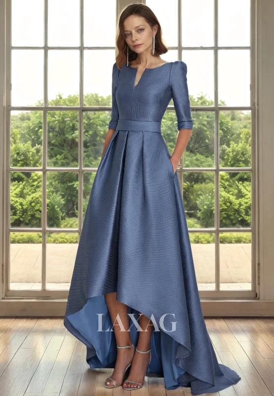 bohemian wedding dressesA-Line V-Neck Half Sleeves Sleek Satin Mother of the Bride Dress with Train