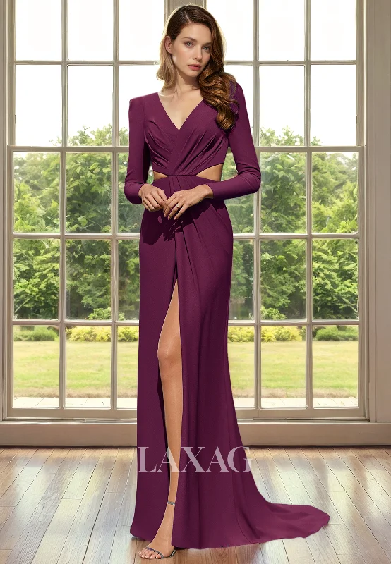 embroidered wedding dressesV-Neck Long Sleeves Cutout Sleek Satin Mother of the Bride Dress with Slit and Train