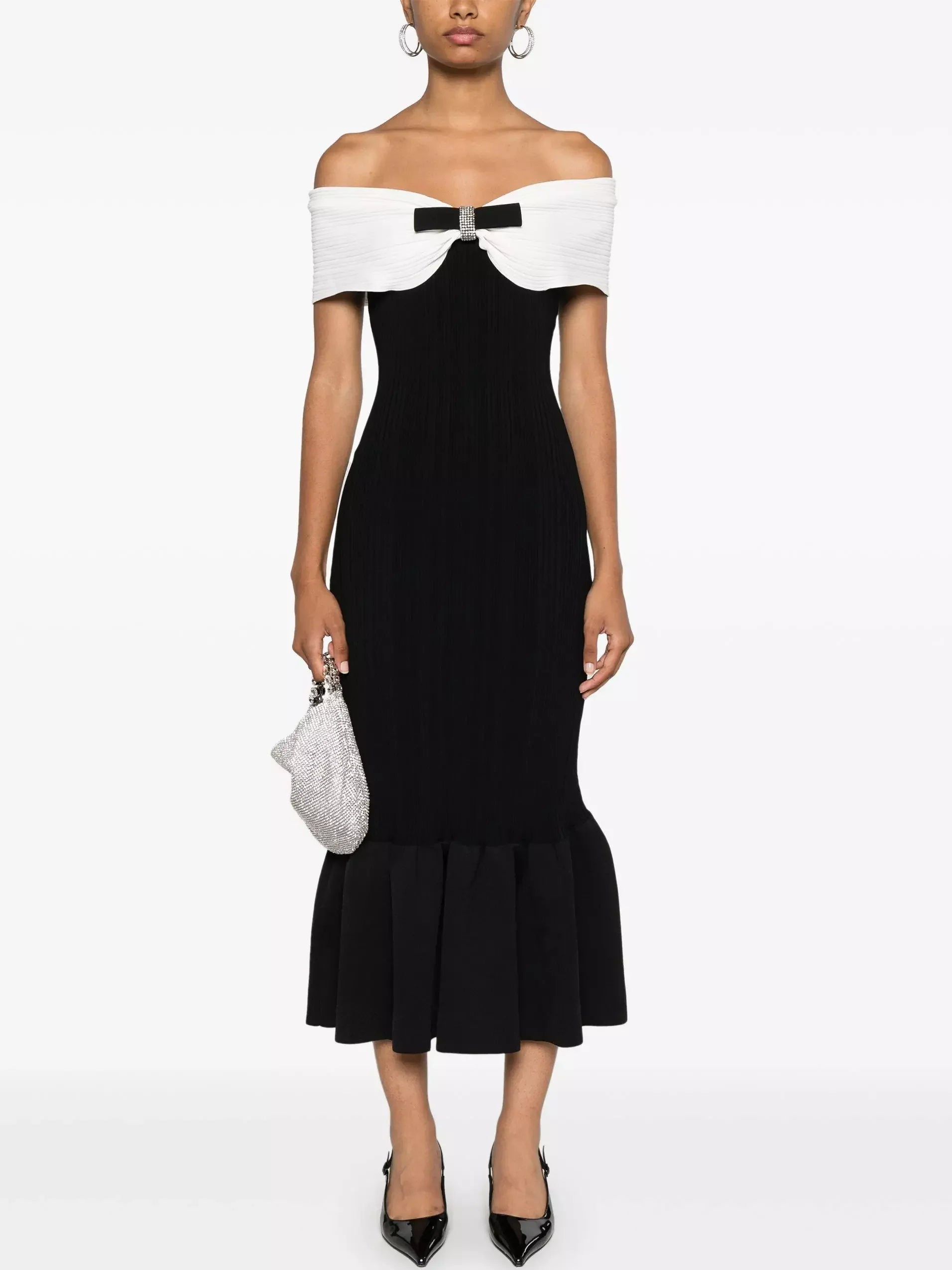 mid-length midi dressesBicolor Off-Shoulder Bow-Detail Ribbed Midi Dress