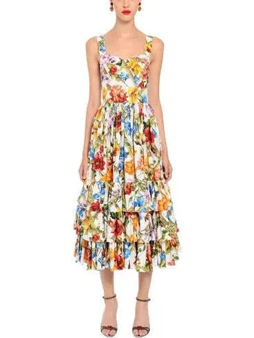 midi dresses in floral printsBamboo Printed Tiered Midi Dress