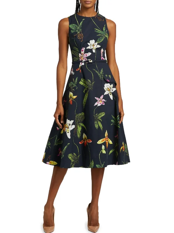 midi dresses with zippersBelted Orchid Print Fit & Flare Midi Dress