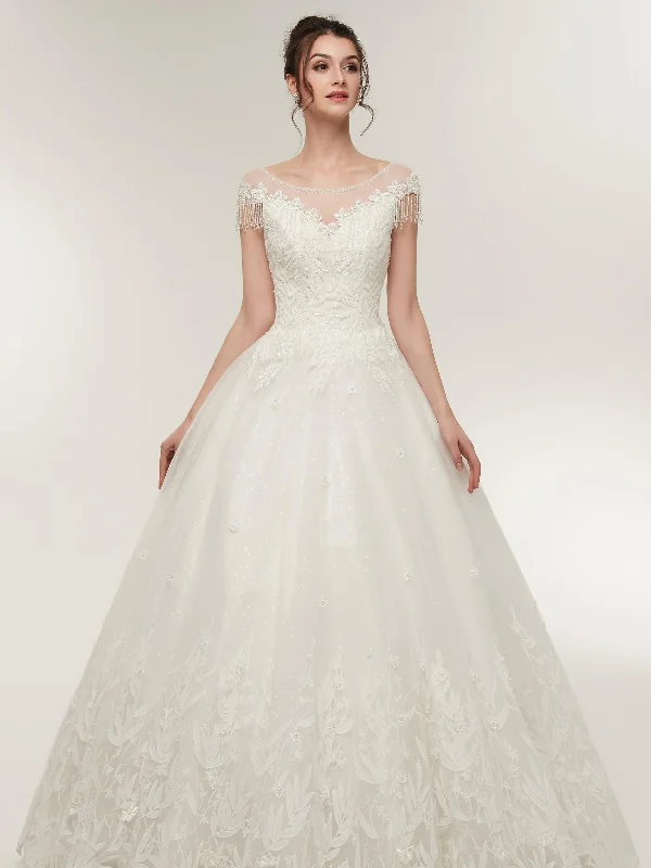 sequined wedding dressesElegant Princess White Cap Sleeve Tulle Wedding Dresses With Lace Appliques