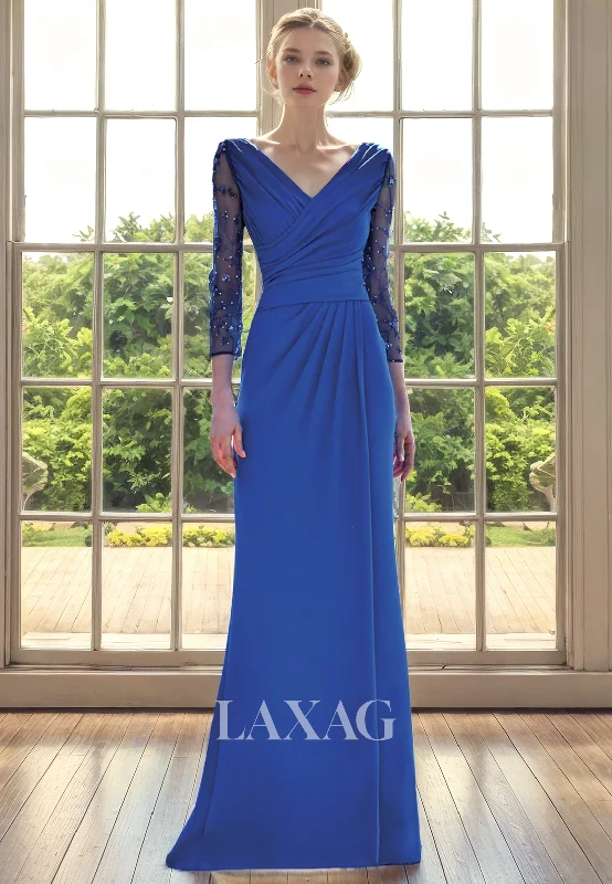 luxury wedding dressesA-Line V-Neck Long Sleeves Beaded Tulle Elegant Mother of the Bride Dress