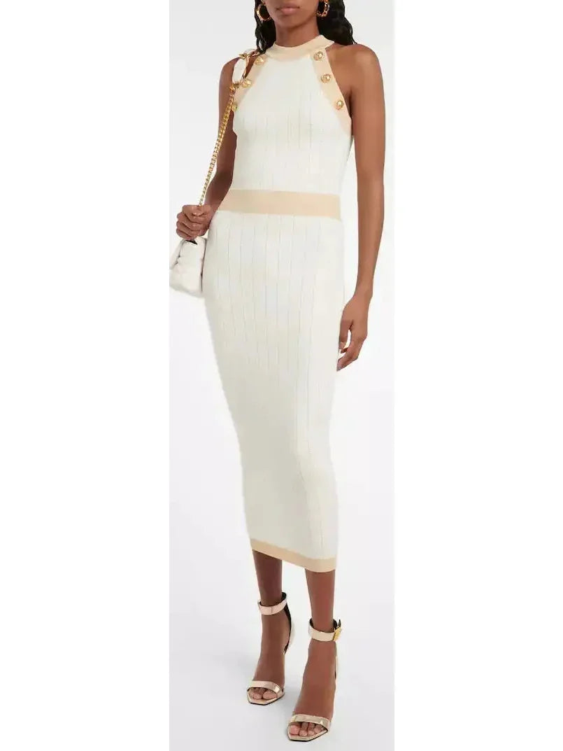 everyday midi dressesButton-Detailed Halter-Neck Knitted Midi Dress, White