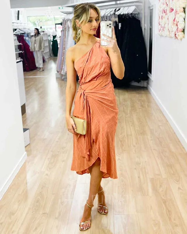 midi dresses with sheer sleevesOlivia One Shoulder Midi Dress - Peach