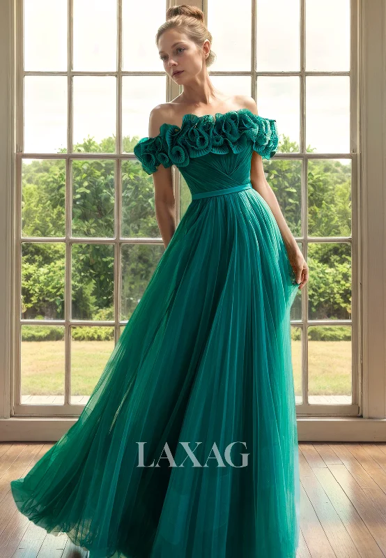 wedding dress preservationA-Line Off Shoulder Pleated Tulle Elegant Mother of the Bride Dress