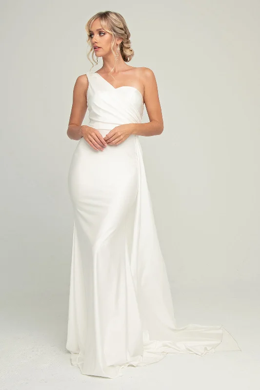 illusion sleeve wedding dressesLa Merchandise LAA387B One Shoulder Stretchy Wedding Gown Side Drape