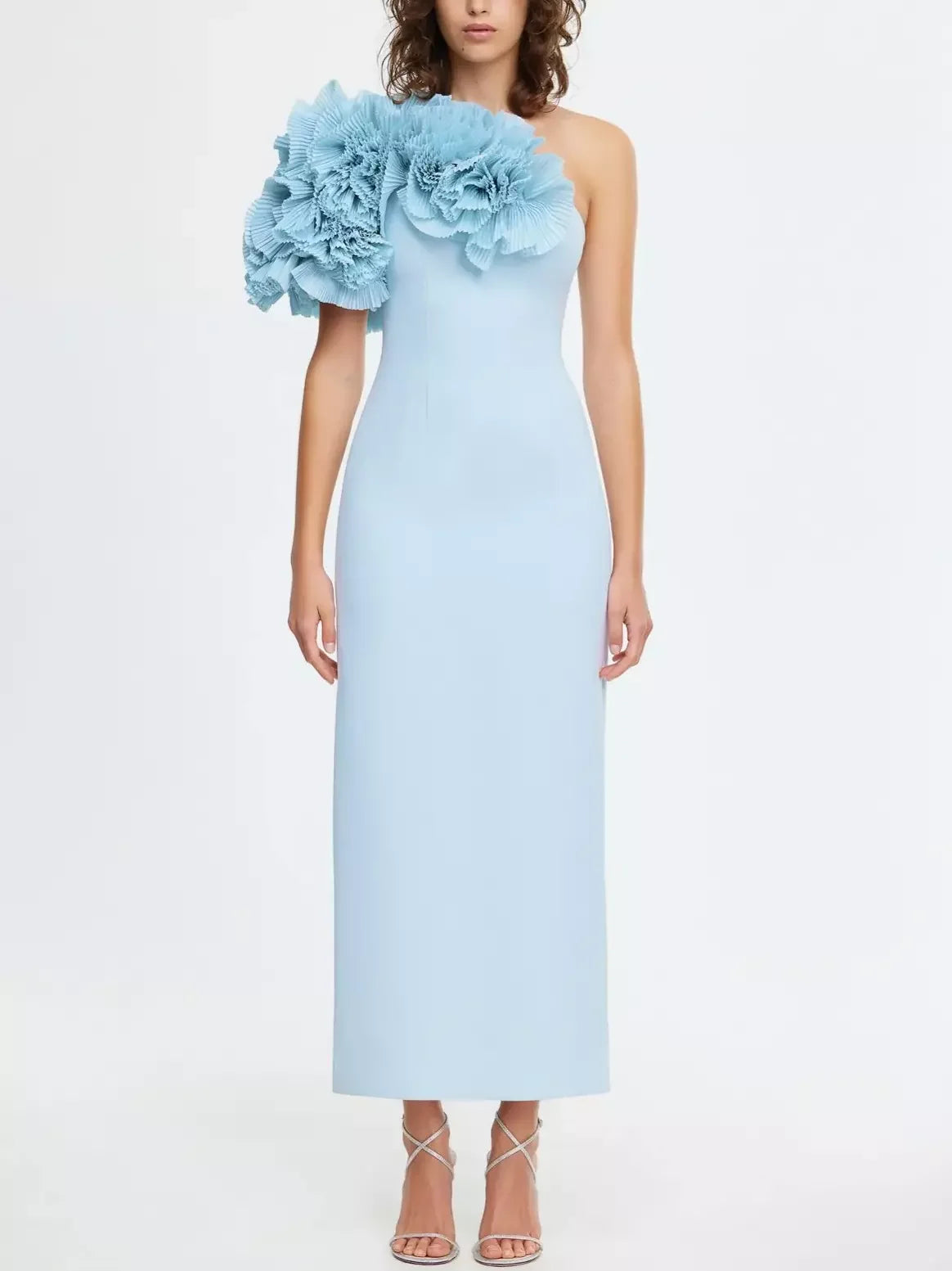 lined midi dressesPleated Frill Ruffle-Shoulder Midi Dress in Cornflower Blue