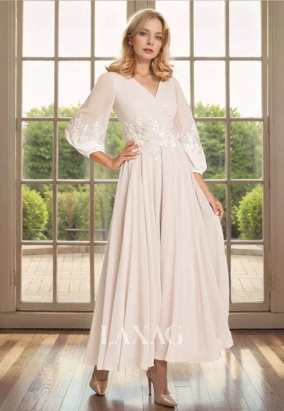 custom wedding dressesA-Line V-Neck Long Sleeves Appliques Chiffon Mother of the Bride Dress