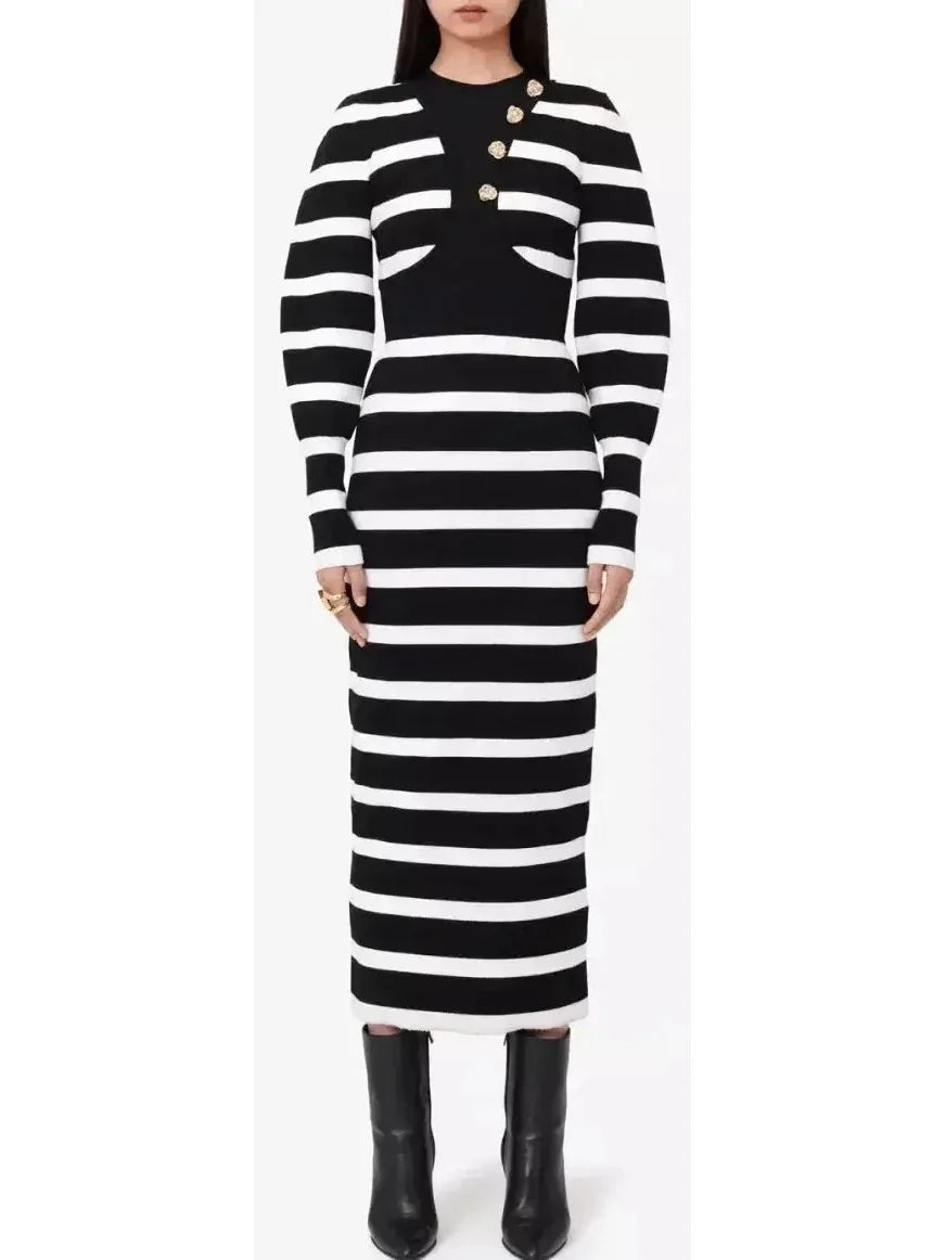 cotton midi dressesBlack and White Striped Wool-Blend Midi Dress