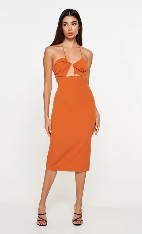 midi fit-and-flare dressesTurmeric Asymmetric Strappy Front Midi Dress