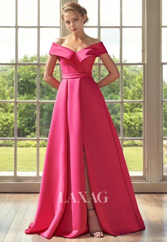 fitted wedding dressesA-Line Off Shoulder Sleek Satin Mother of the Bride Dress with Slit and Train