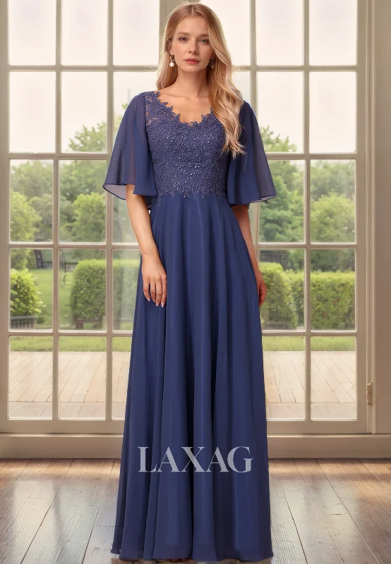 bohemian chic wedding dressesA-Line V-Neck Half Sleeves Appliqeus Chiffon Mother of the Bride Dress