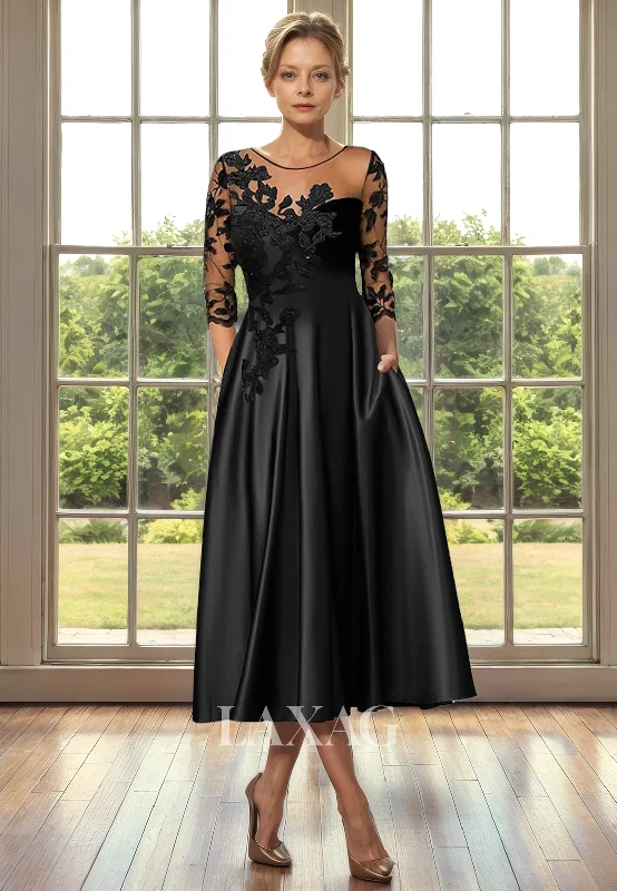 beaded wedding dressesA-Line Round Quarter Sleeves Lace Appliques Sleek Satin Mother of the Bride Dress