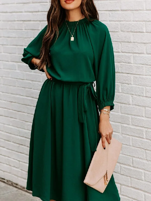 off-the-shoulder midi dressesDressBetty - Elegant Office Dress Formal Loose Green Long Sleeve Belt A-Line Midi Dresses