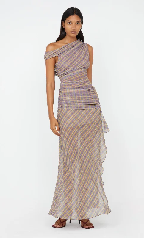 women's bridesmaid dressesAURELIA ASYM DRESS - VIOLET CHECK