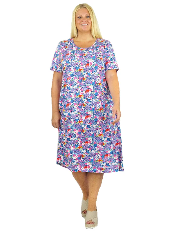 women's handmade dressesPlus Size Turq/Pink Floral Cotton Jersey A-line Dress