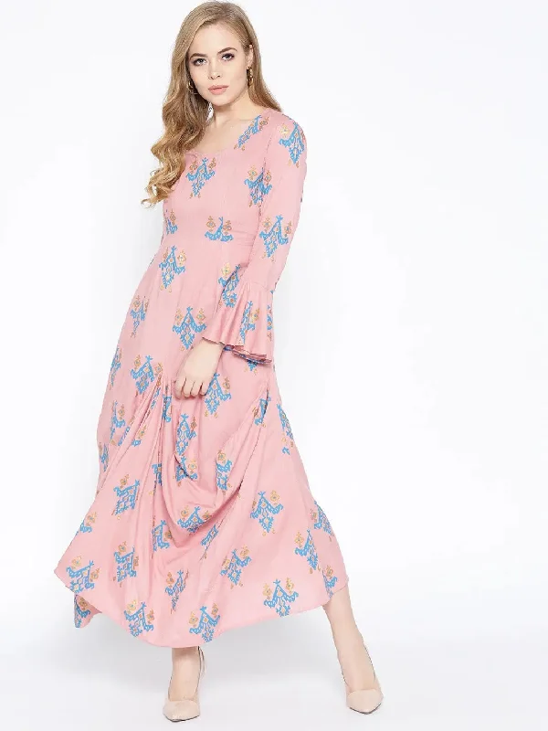 velvet maxi dressesBell Sleeve ikat print Long dress with front drape in Dusty Pink