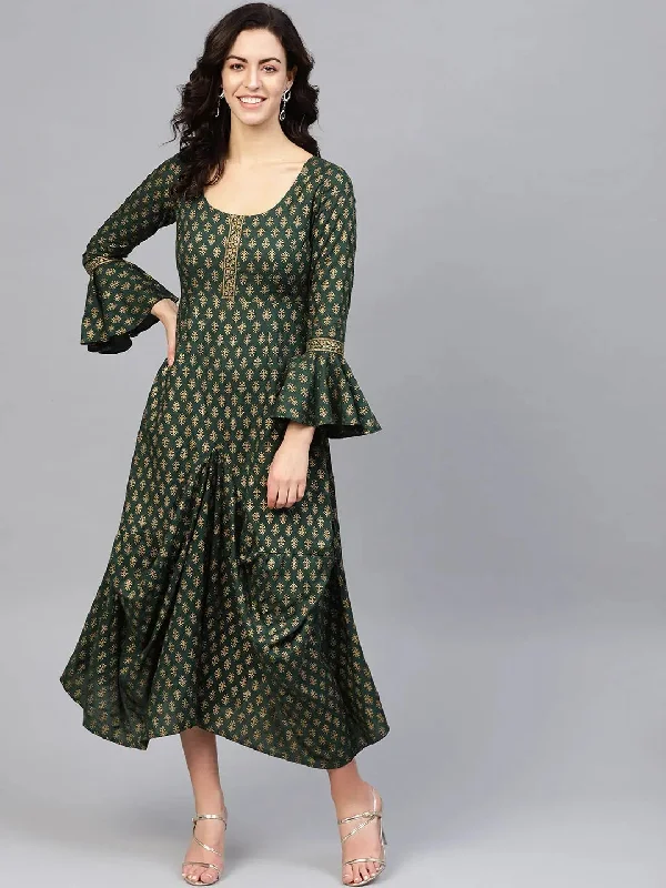 maxi dresses for cool weatherBell sleeve printed long dress with front drape in Bottle Green