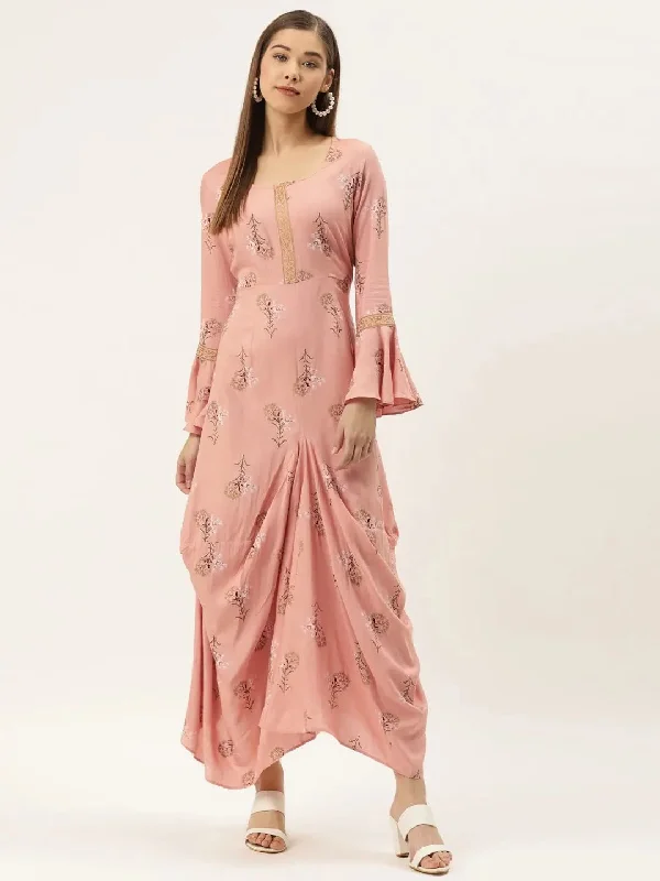 maxi dresses with pocketsBell sleeve printed long dress with front drape in dusty pink