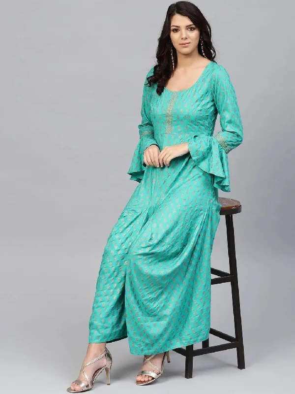 satin maxi dressesBell sleeve printed long dress with front drape in Mint Blue