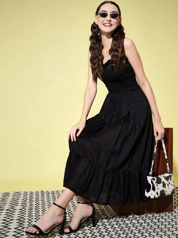 maxi dresses with A-line silhouettesBlack Smocking Long Dress