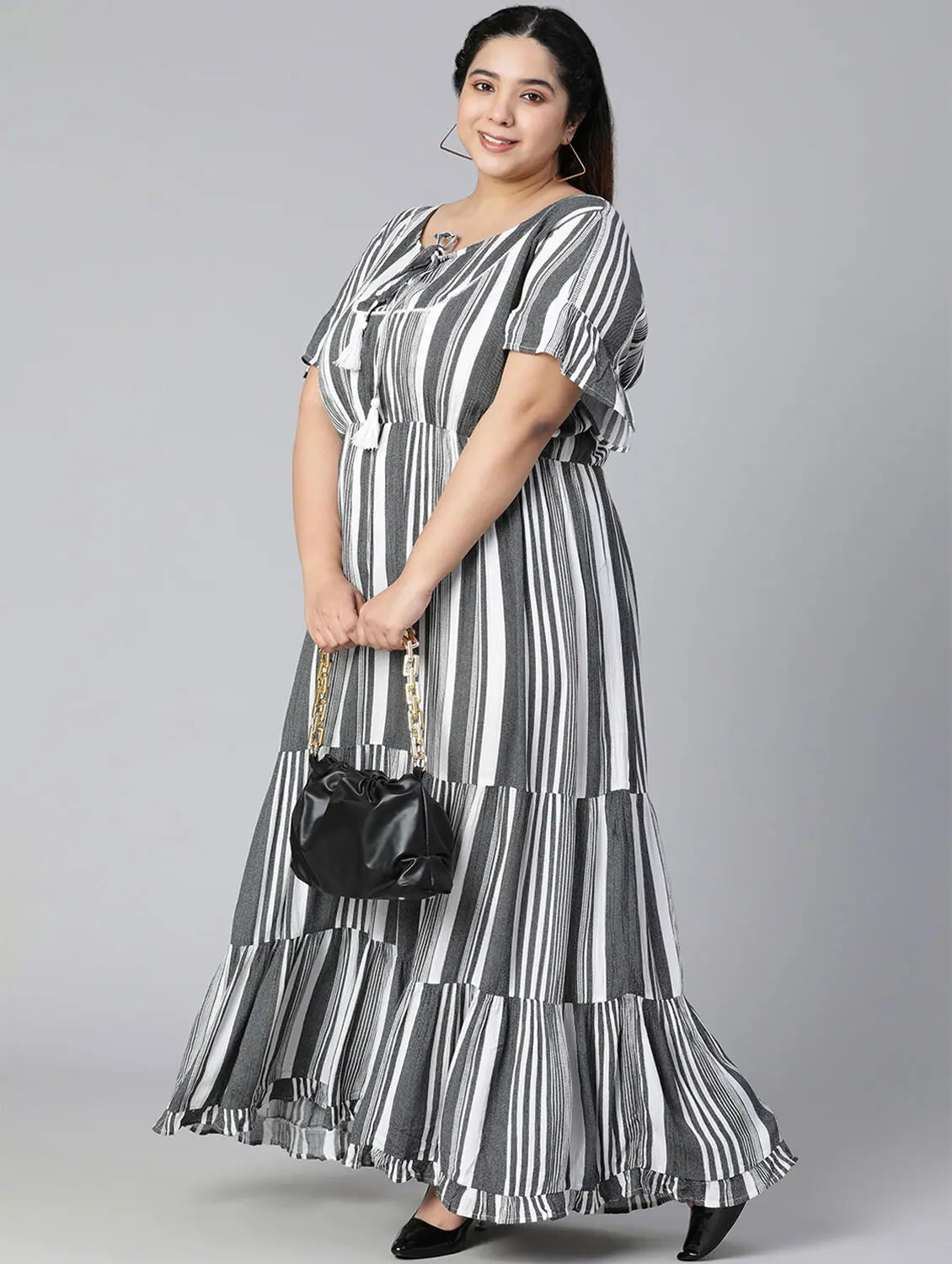 maxi dresses with embroidered patternsBlitzing Grey Stripes Plus Size Women Long Dress