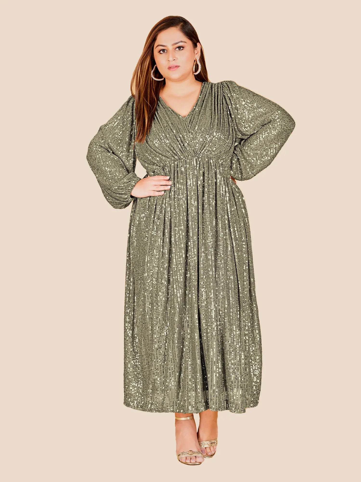 maxi dresses for formal eventsCurvy Lane Stylish Ladies Sequins Long Dress With Pleats & Elasticated Long Sleeves-Grey