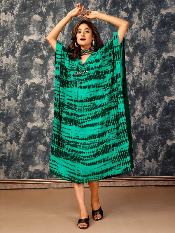 maxi dresses with back pocketsKomarri U Elegant Shibori Print  Hand Embroidered V Neck Morocaan Crepe  Kaftan Styled Long Dress- Green-KOM-DRS-122