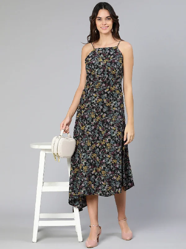 maxi dresses with sweetheart necksKonic black floral print A-symmetrical women long dress