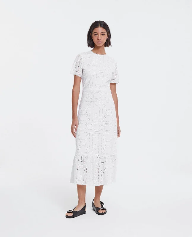 maxi dresses for winter (with tights)Long White Embroidered Dress With Crew Neck