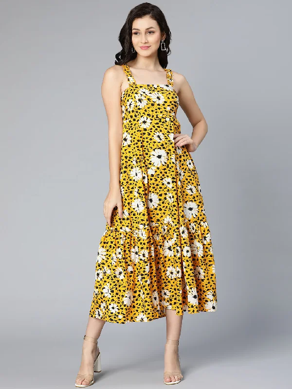 maxi dresses with high slitsMustard yellow floral printed shoulder straped women long dress