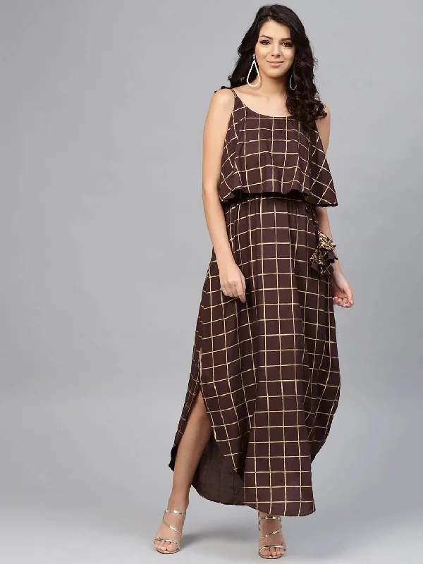 chiffon maxi dressesPrinted Flare yoke with U hem long dress in Brown