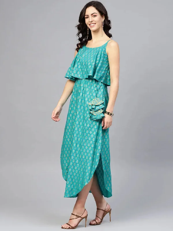 cotton maxi dressesPrinted Flare yoke with U hem long dress in Mint Blue