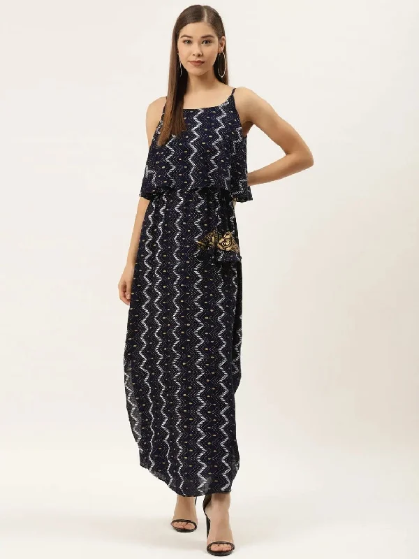 maxi dresses with cap sleevesPrinted Flare yoke with U hem long dress in navy