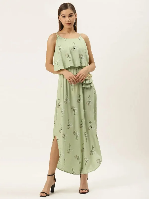 maxi dresses with short sleevesPrinted Flare yoke with U hem long dress in pista green color