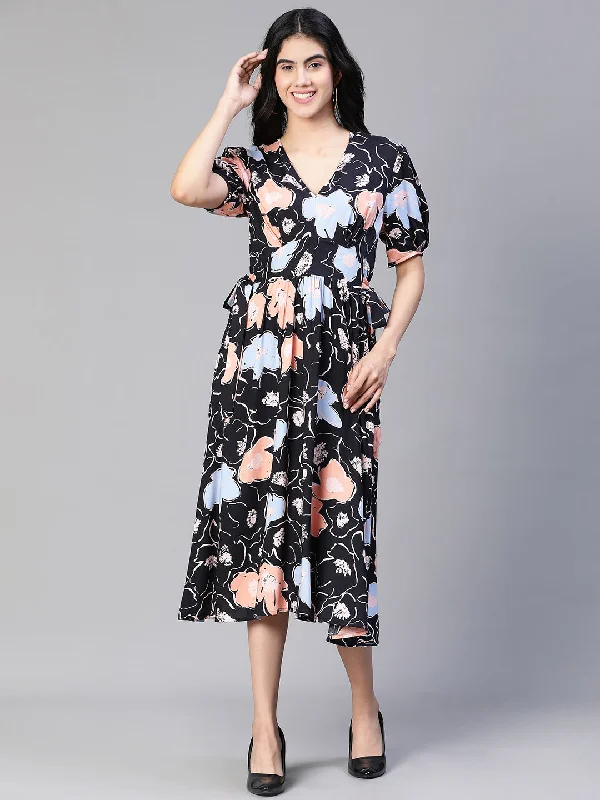 maxi dresses for tall womenWomen Black Floral Print Tie-Up Long Flared Dress-S23122WDR003