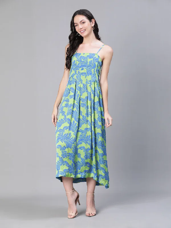 maxi dresses for curvesWomen Floral Print Shoulder Strapped Green  Long Dress-S23500WDR003